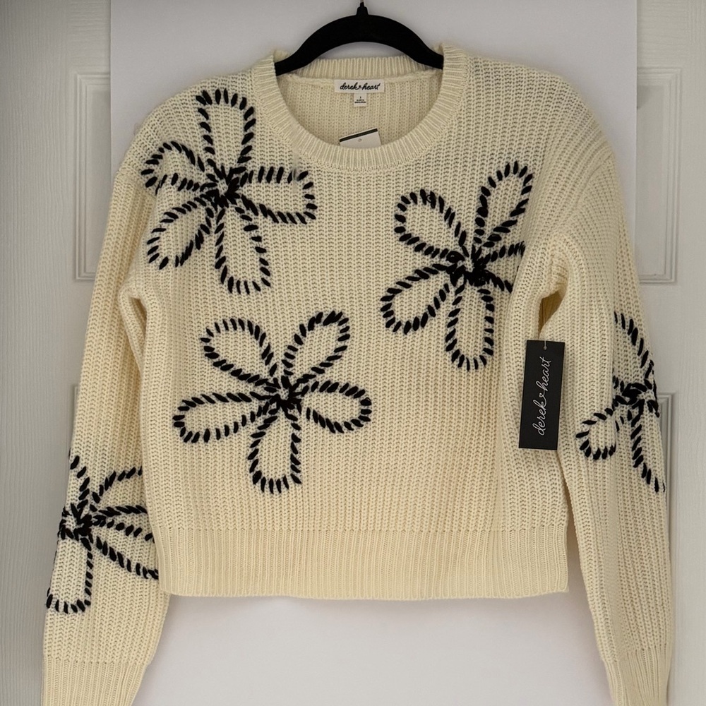 Derek Heart Cream Crewneck Sweater with Black Floral Stitching